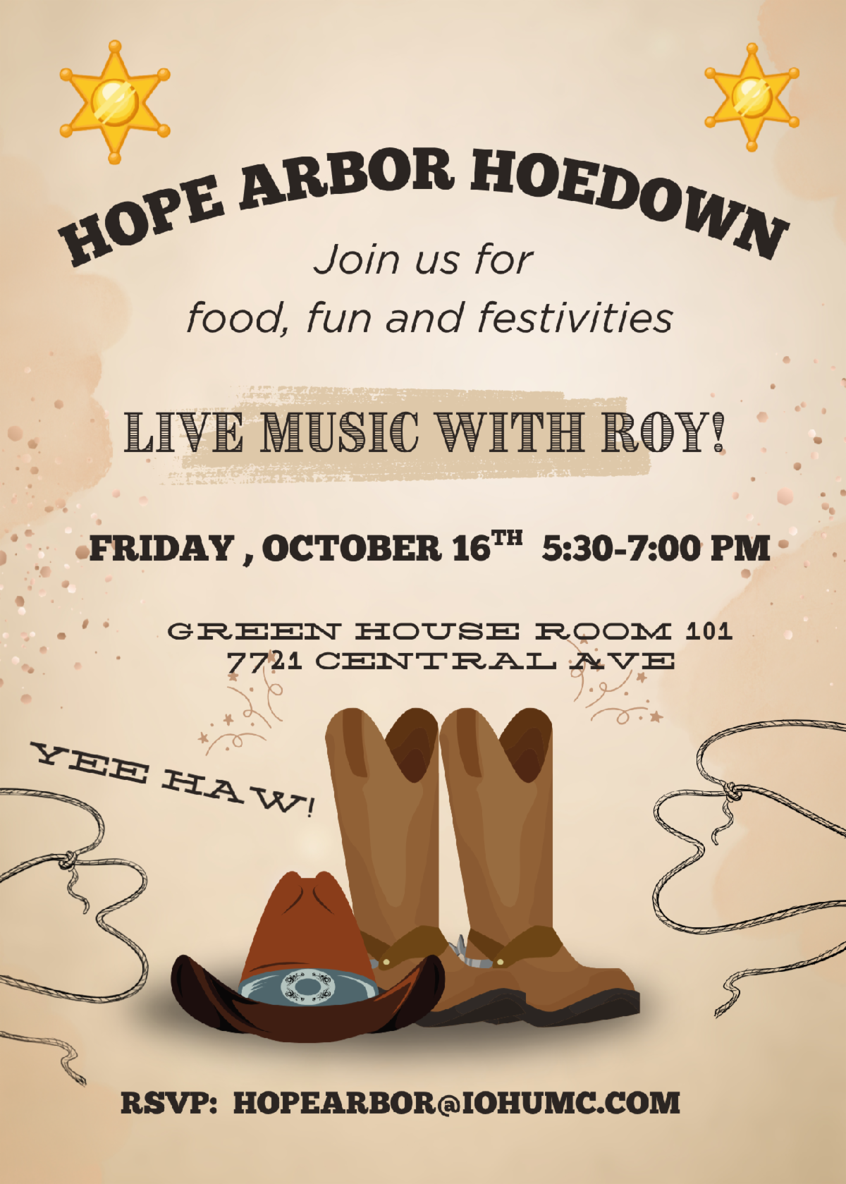 Hope Arbor Hoedown flyer featuring cowboy boots and a hat