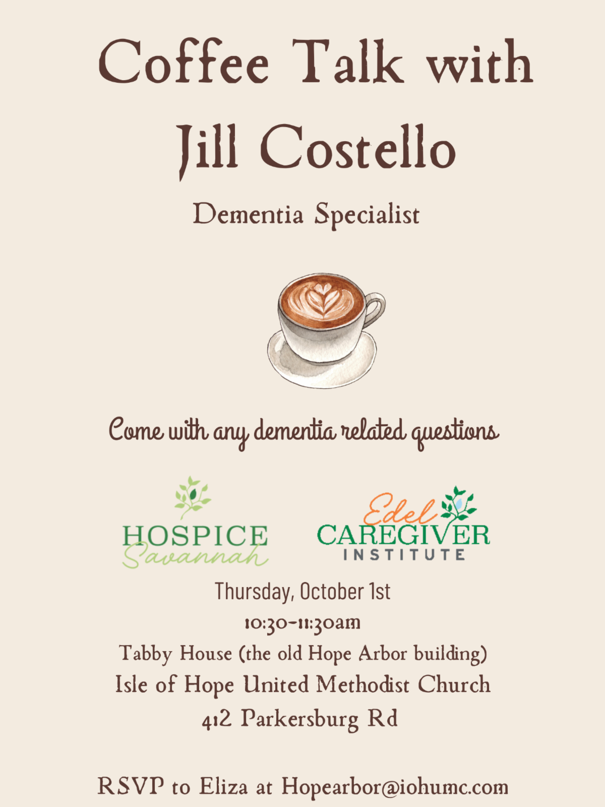 Flyer for Coffee Talk with Jill Costello, dementia specialist, Thursday October 1st from 10:30 to 11:30 am at the Tabby House