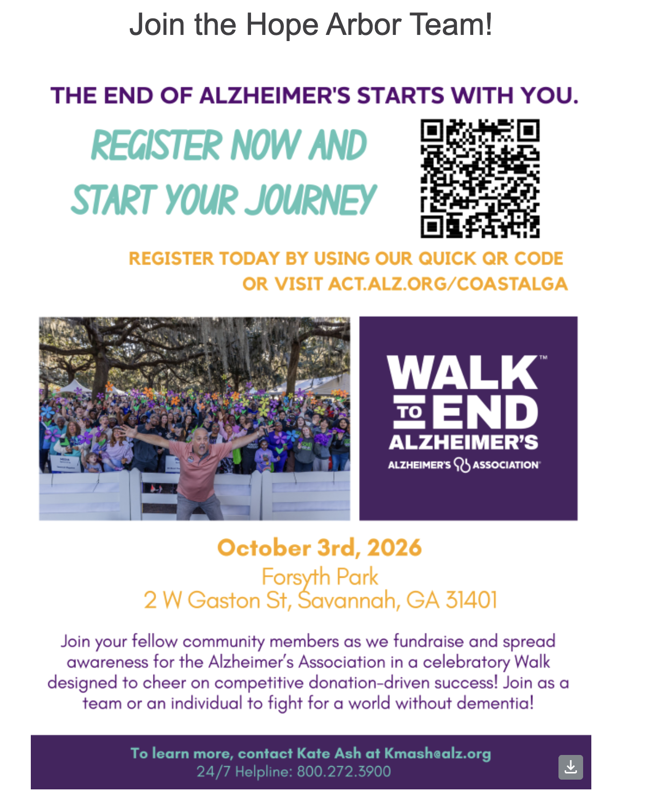 Walk to End Alzheimer's flyer — Join the Hope Arbor Team on October 3rd, 2026 at Forsyth Park
