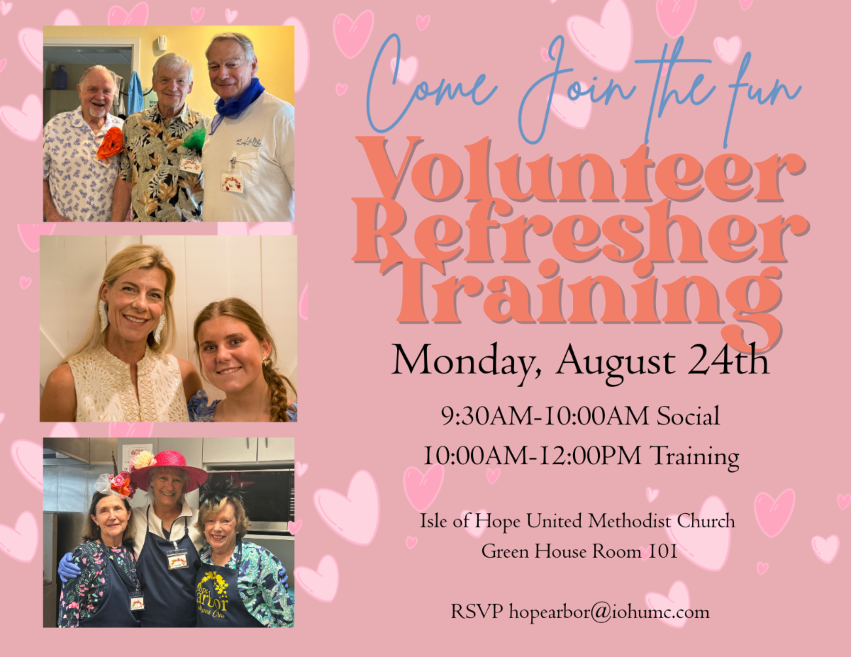 Come join the fun — Volunteer Refresher Training flyer with photos of Hope Arbor volunteers