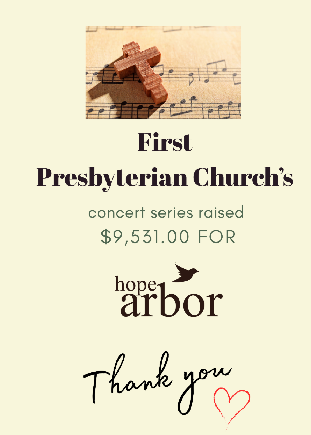 Thank you card from First Presbyterian Church's concert series, which raised $9,531.00 for Hope Arbor